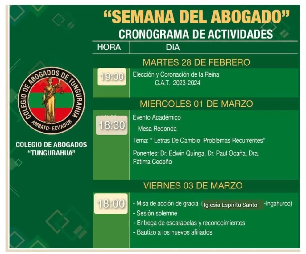 Cronograma de la Semana del Abogado 2023: elección y coronación de la reina, evento académico con mesa redonda sobre letras de cambio, misa de acción de gracias, sesión solemne, entrega de escarapelas y reconocimientos, y bautizo a los nuevos afiliados