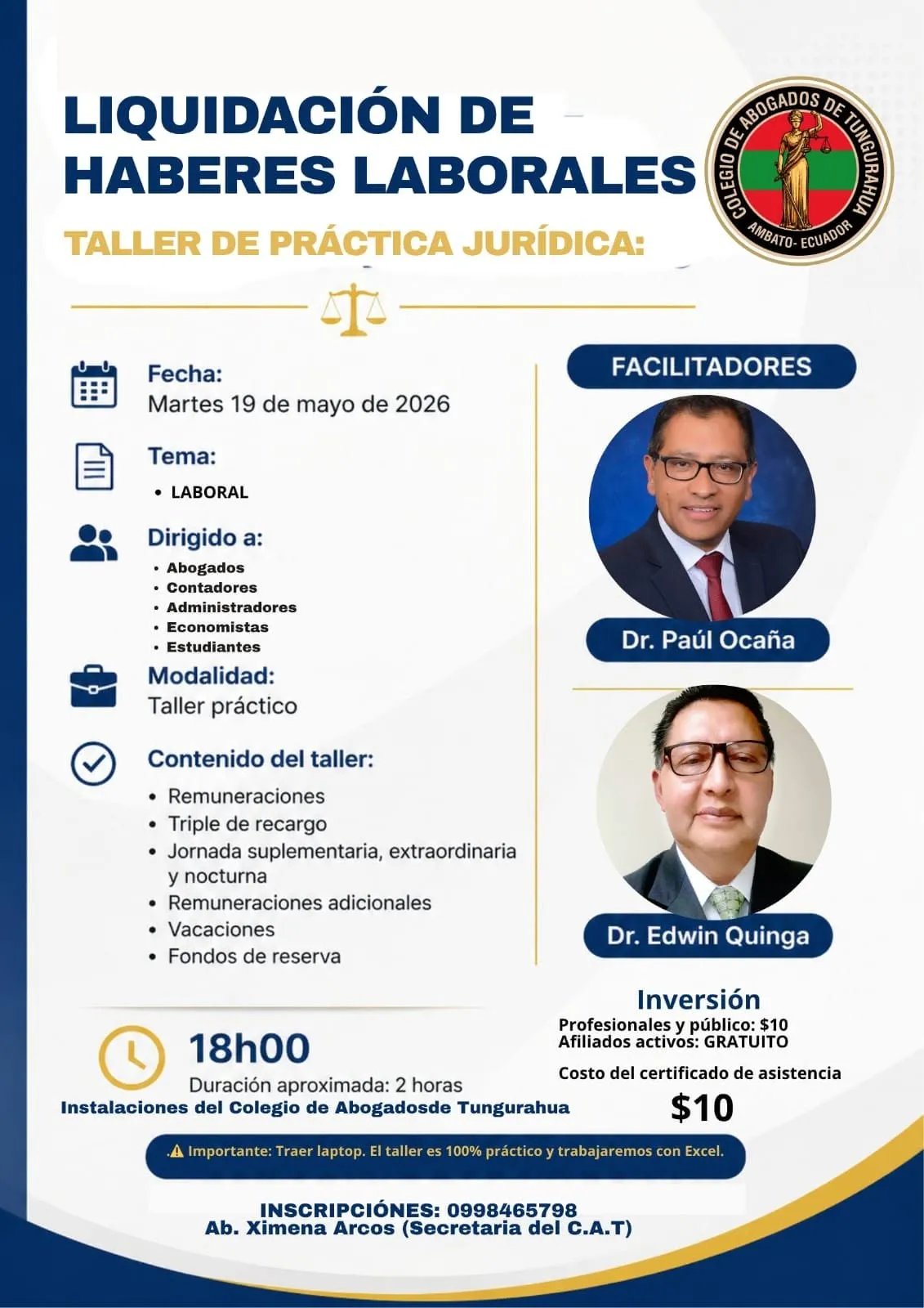 Flyer del taller de práctica jurídica "Liquidación de haberes laborales", martes 19 de mayo de 2026, 18h00, con los Dres. Paúl Ocaña y Edwin Quinga